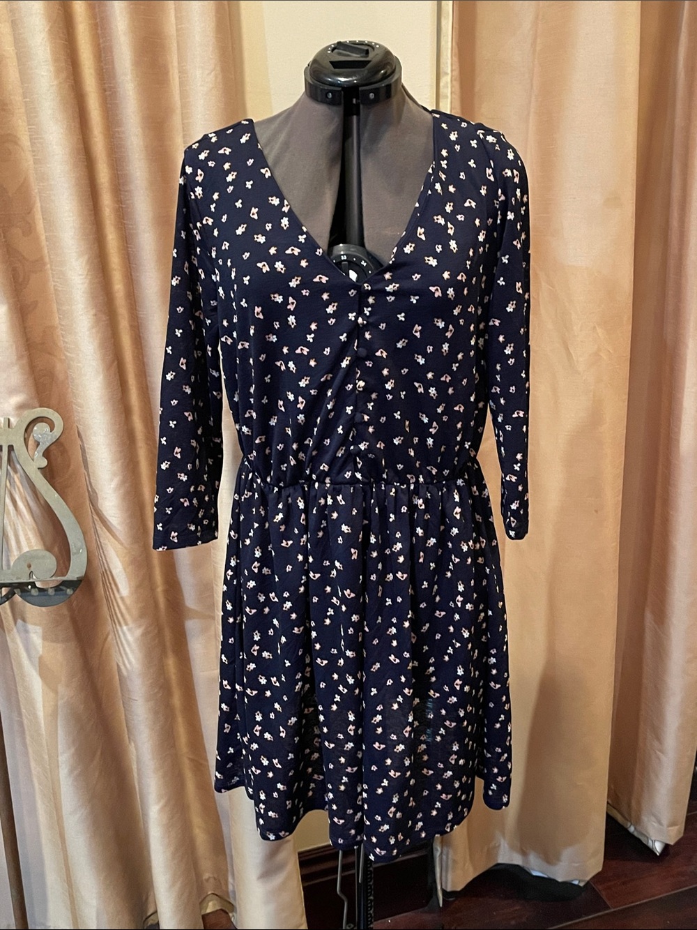 Copper Key Navy Mini Dress with Tiny Cream Floral Print (L) - Picture 1 of 7